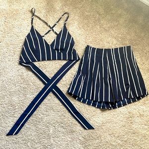 Women's 2 Piece Outfit (Navy & White Striped V Neck Crop Cami with Shorts)